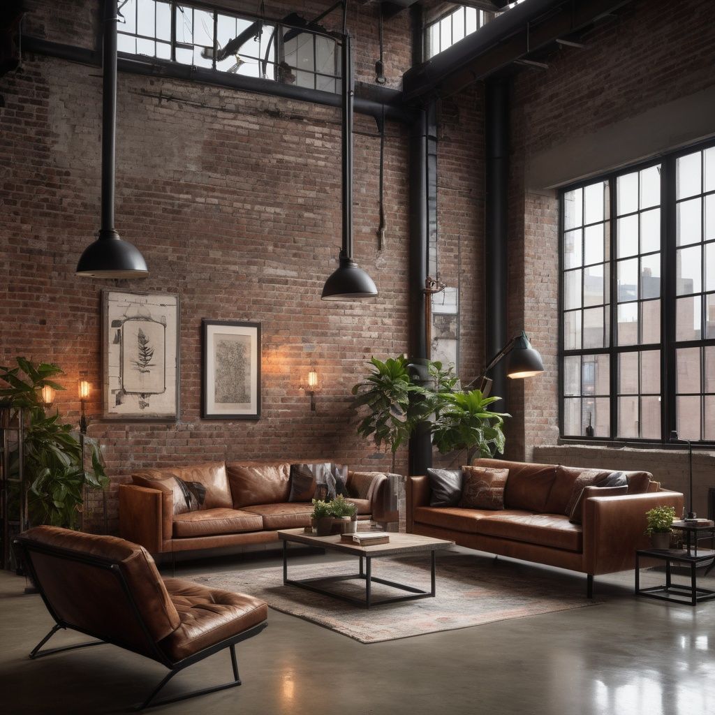 Fotorealistische Konzeptvisualisierung eines Wohnzimmers im Soft-Industrial-Stil mit rohen Oberflächen, warmen Textilien und gezielter Beleuchtung.