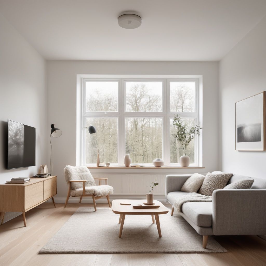 Fotorealistische Konzeptvisualisierung eines hellen Wohnzimmers im skandinavischen Stil mit viel Tageslicht und natürlichen Materialien.